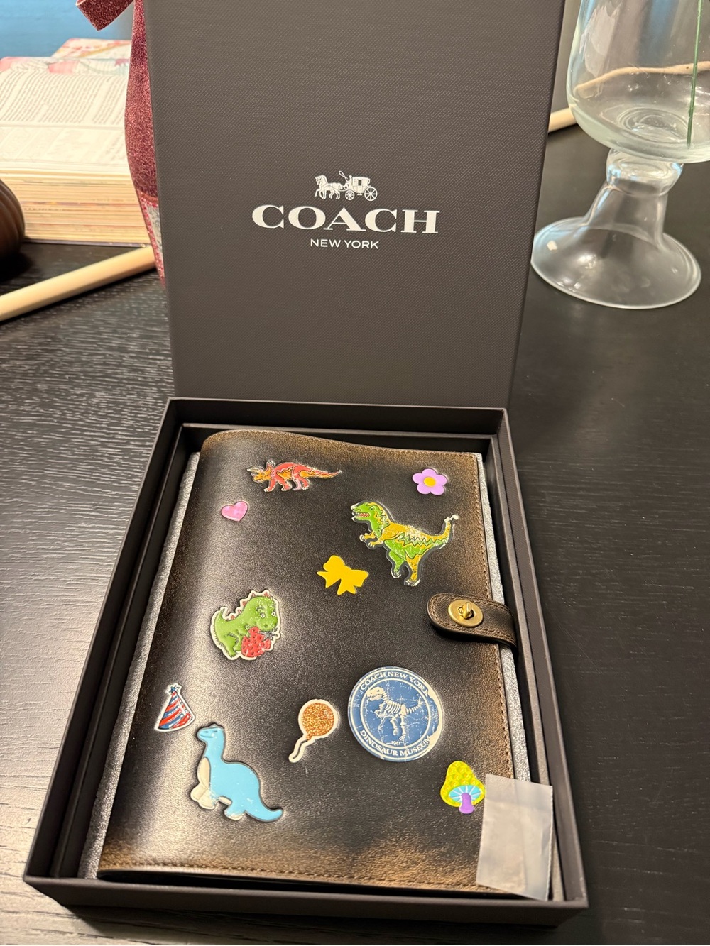 Coach Black Kids Leather Wallet with Colorful Dino Patches
